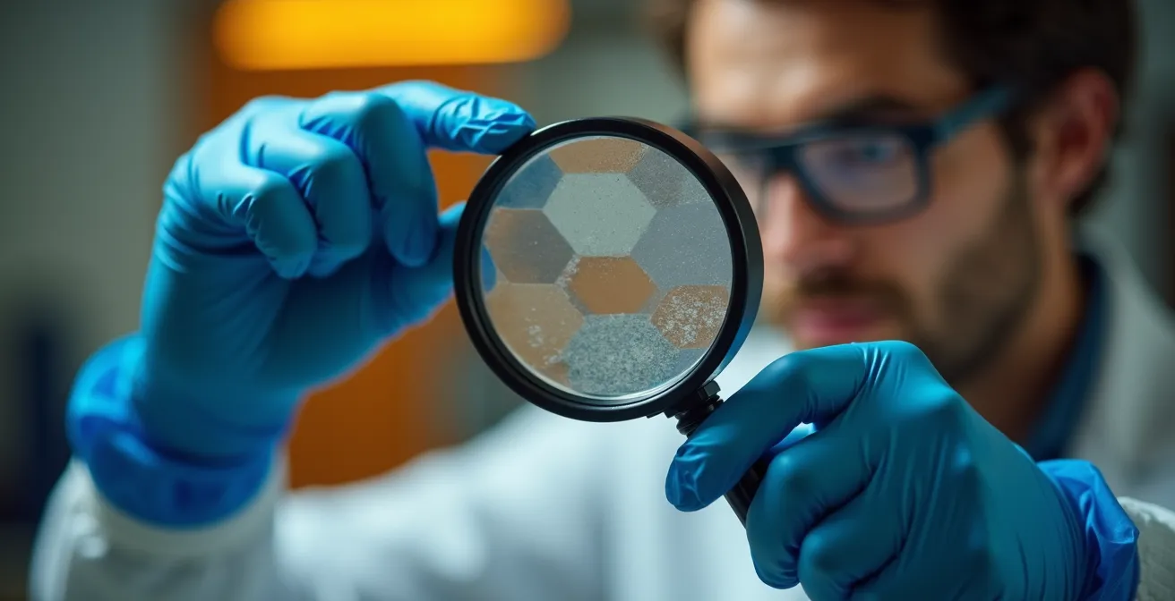 Mains analysant des échantillons avec loupe sur surface industrielle