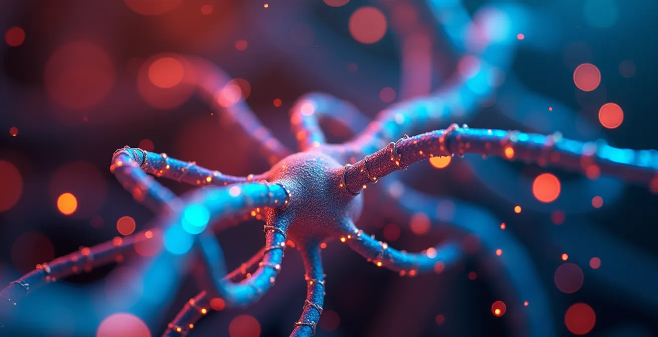 Détail macro de fibres optiques colorées symbolisant les connexions neuronales