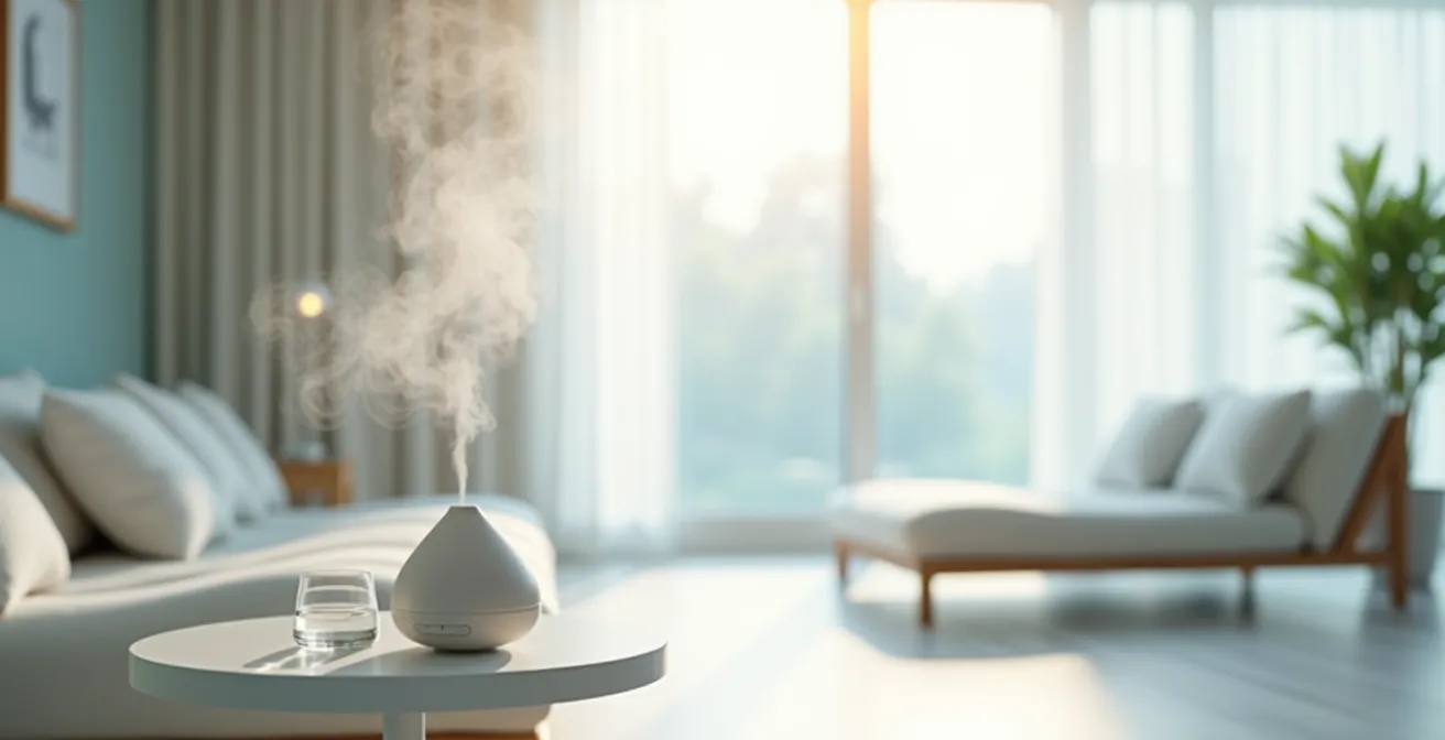 Espace de repos hospitalier avec diffuseur d'huiles essentielles créant une atmosphère apaisante