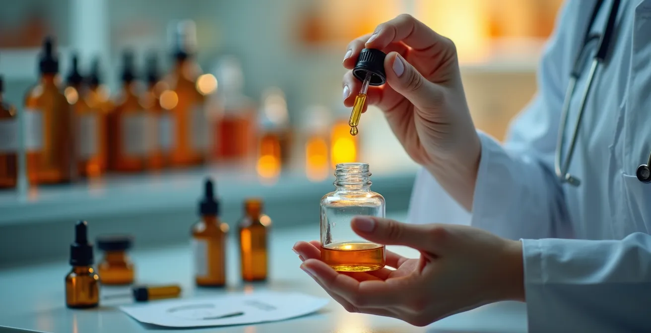 Mains d'infirmière préparant une synergie d'huiles essentielles dans un environnement hospitalier