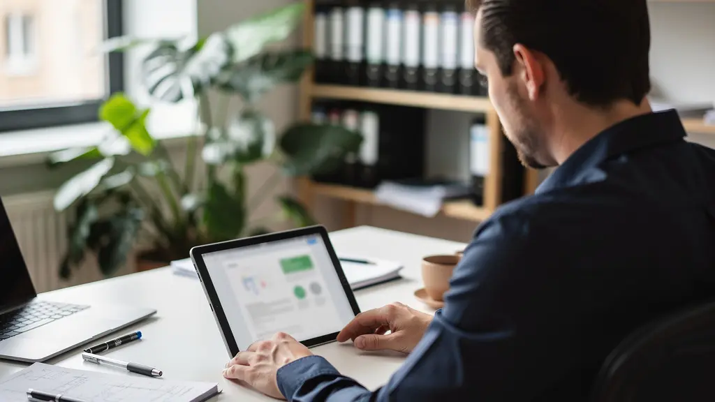 Chargé de projet énergie consultant des données sur tablette dans un bureau d'études moderne