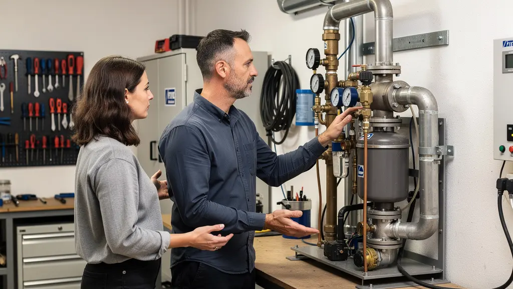 Deux stagiaires observant une pompe à chaleur pédagogique en atelier de formation bâtiment durable