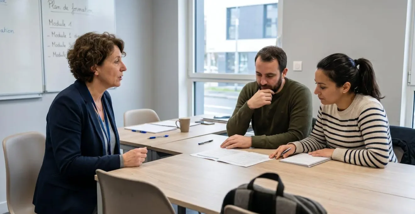 Formateur et apprenant adulte consultant ensemble des documents de formation en alternance dans une salle lumineuse avec grandes fenêtres