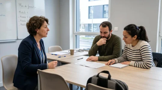 Formateur et apprenant adulte consultant ensemble des documents de formation en alternance dans une salle lumineuse avec grandes fenêtres