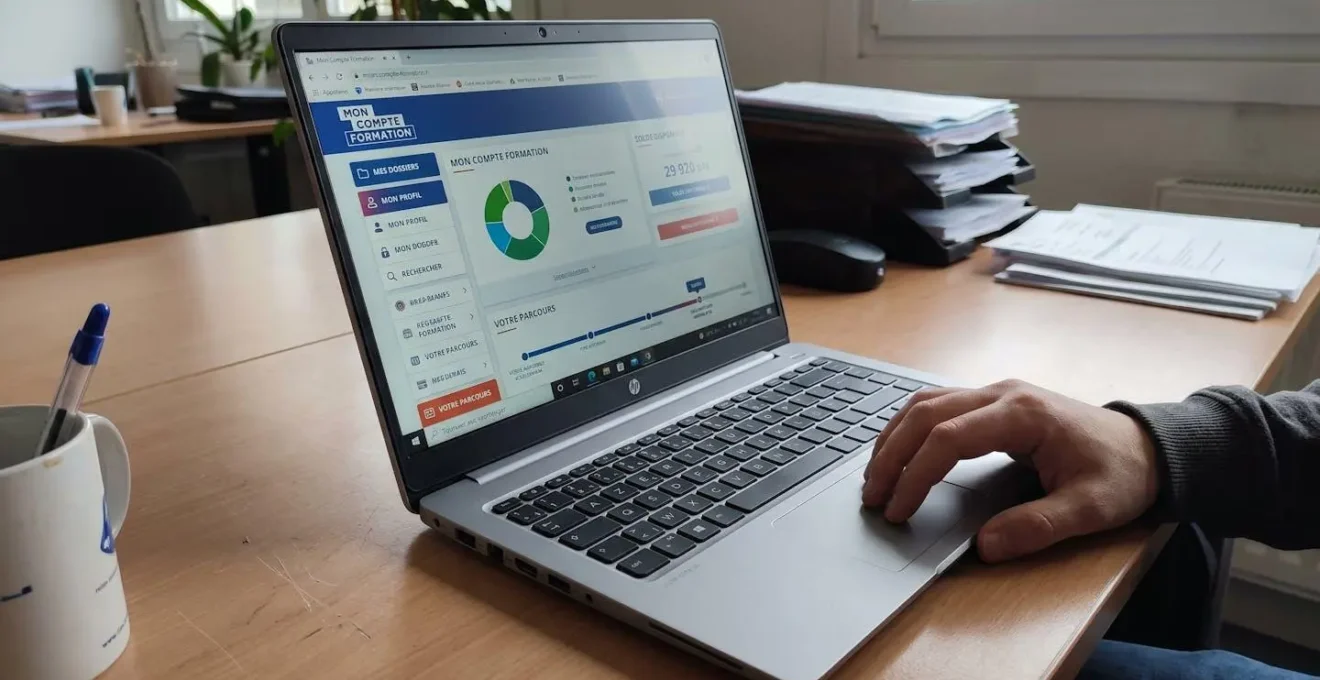 Gros plan sur l'interface Mon Compte Formation affichée sur écran d'ordinateur avec main de l'utilisateur sur la souris