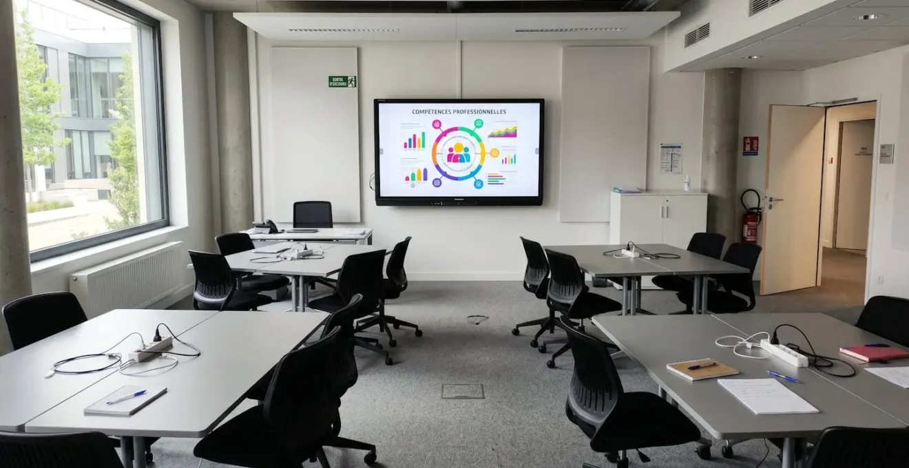 Salle de formation moderne et vide avec grandes fenêtres et tables disposées en îlots