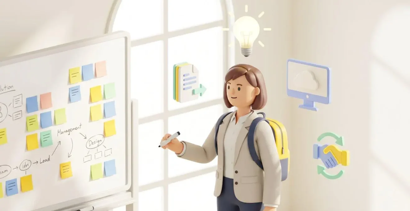 Jeune professionnel devant un tableau avec des post-it représentant les étapes de recherche d'alternance