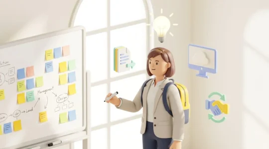 Jeune professionnel devant un tableau avec des post-it représentant les étapes de recherche d'alternance
